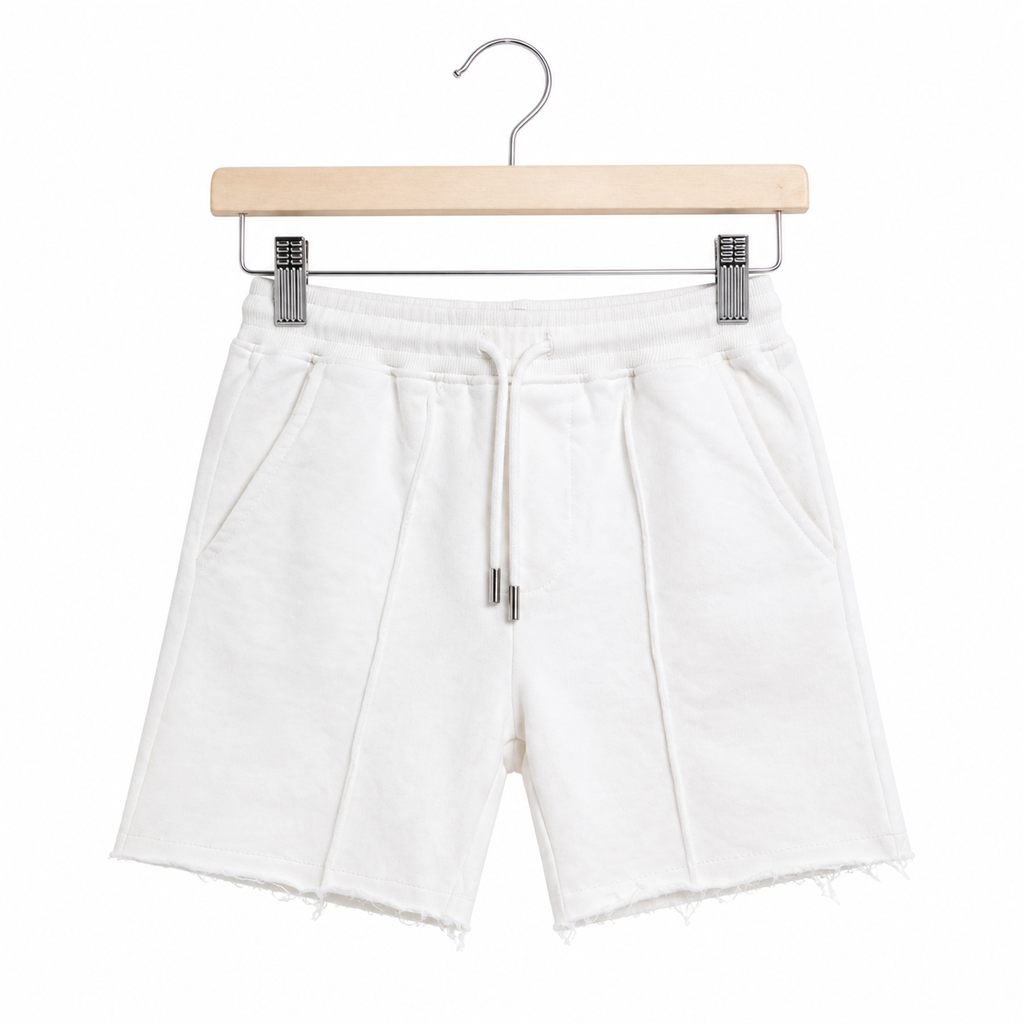 WEELZ Kids Sweat Shorts — White, front view on hanger