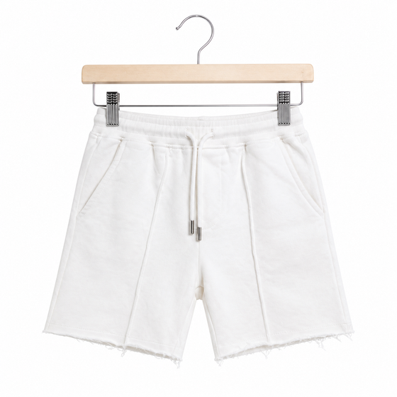 WEELZ Kids Sweat Shorts — White, front view on hanger