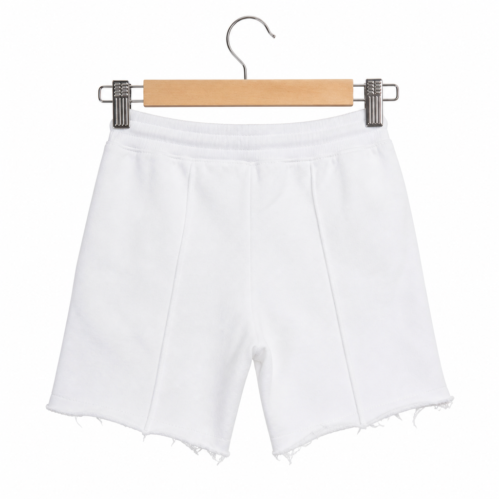 WEELZ Kids Sweat Shorts — White, back view on hanger