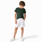 WEELZ Kids Sweat Shorts — White, styled on child model with green tee