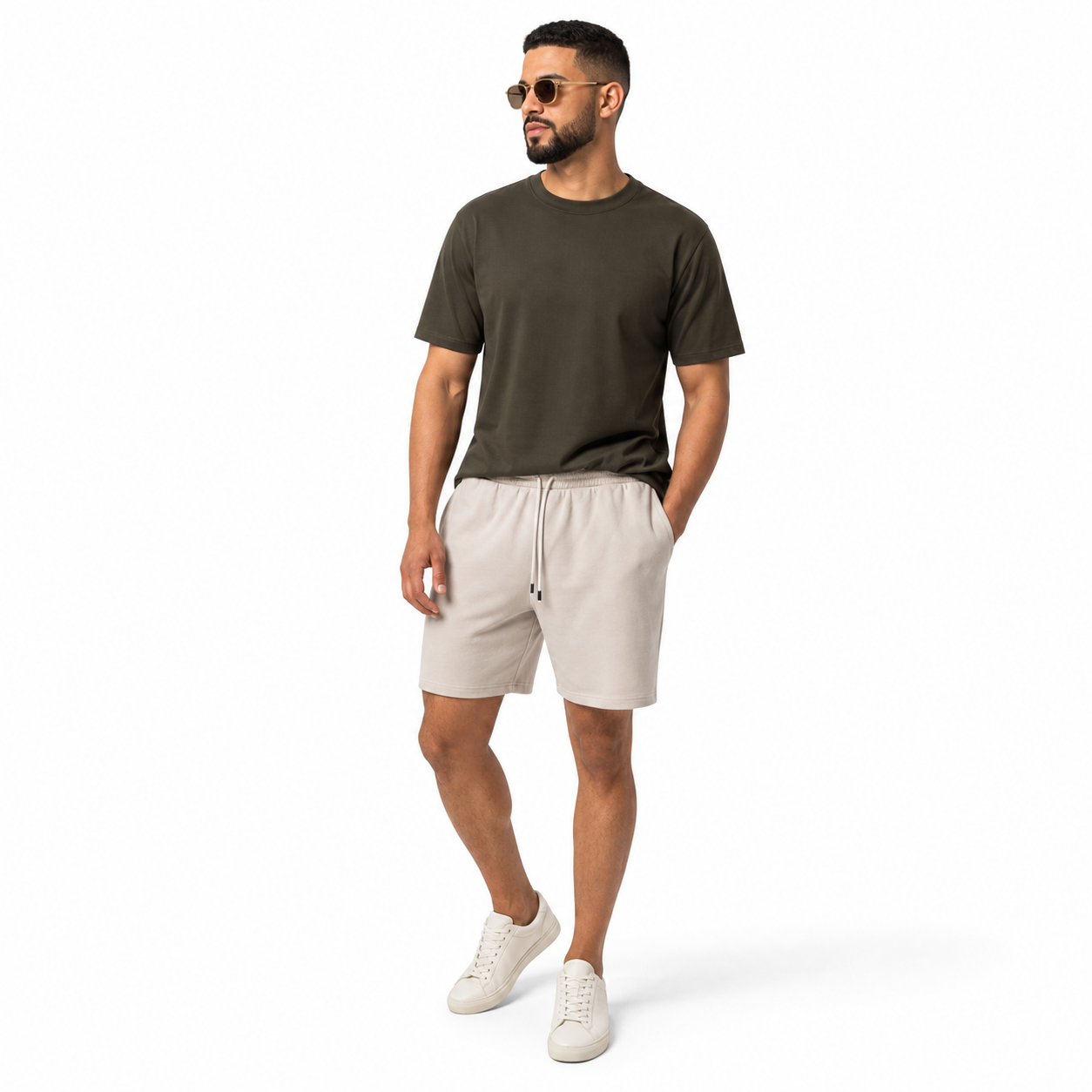 WEELZ Men’s Melton Jersey Shorts — Beige styled model view