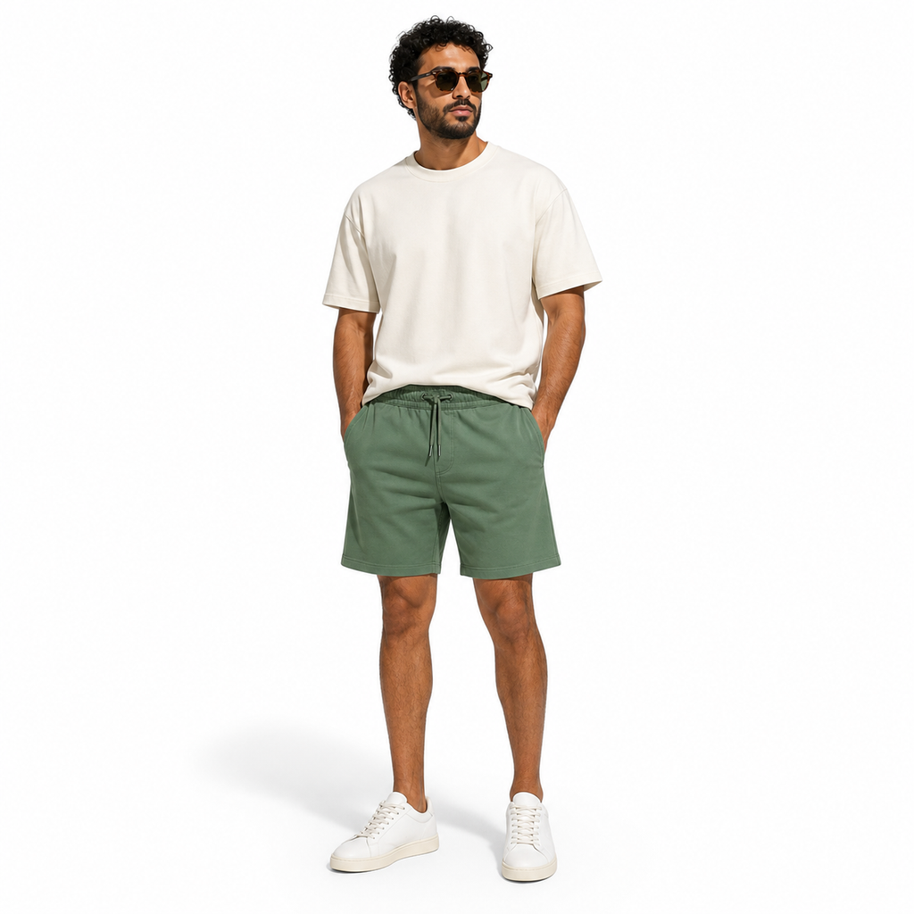 WEELZ Men’s Melton Jersey Shorts — Olive Green styled model view