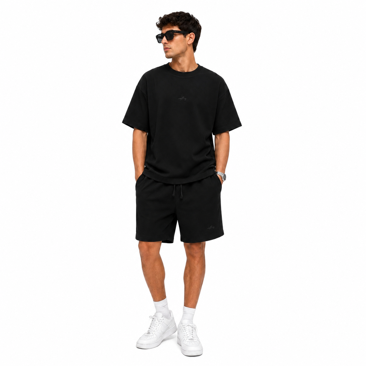 WEELZ Textured Cotton T-Shirt & Shorts Set - Black - view 1