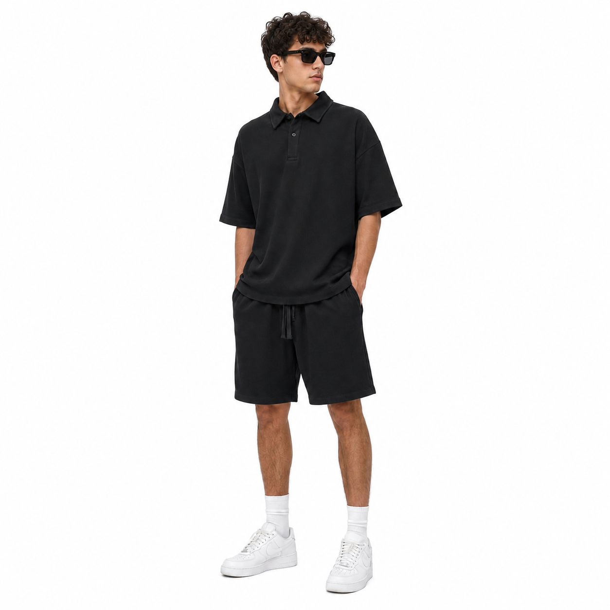 WEELZ Button-Collar Cotton T-Shirt & Shorts Set - Black - view 3