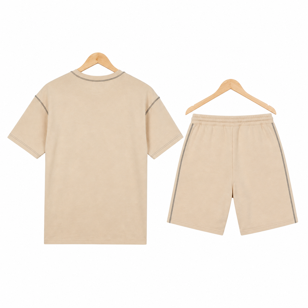 WEELZ Contrast-Stitch Cotton T-Shirt & Shorts Set — Beige, hanger back