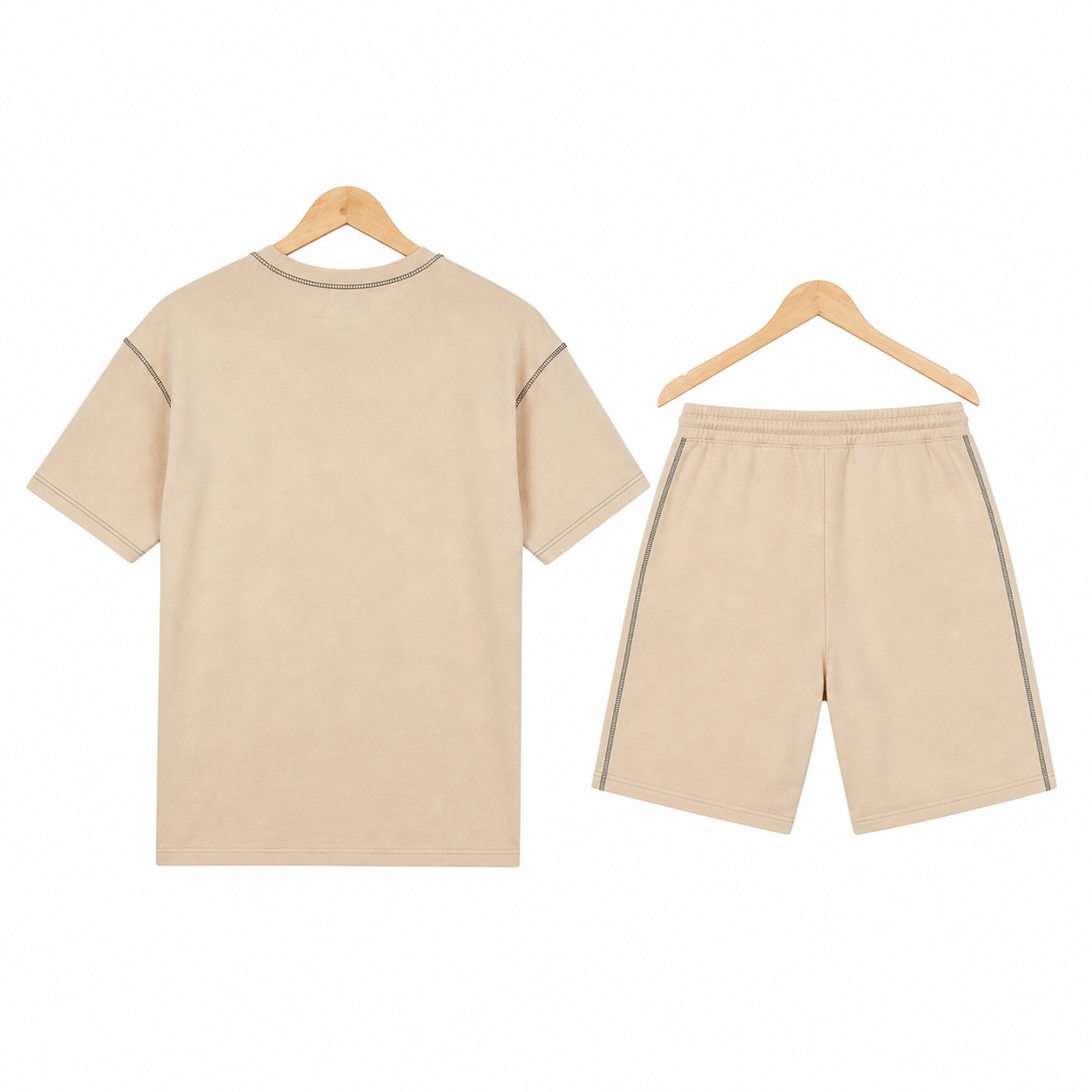 WEELZ Contrast-Stitch Cotton T-Shirt & Shorts Set — Beige, hanger back