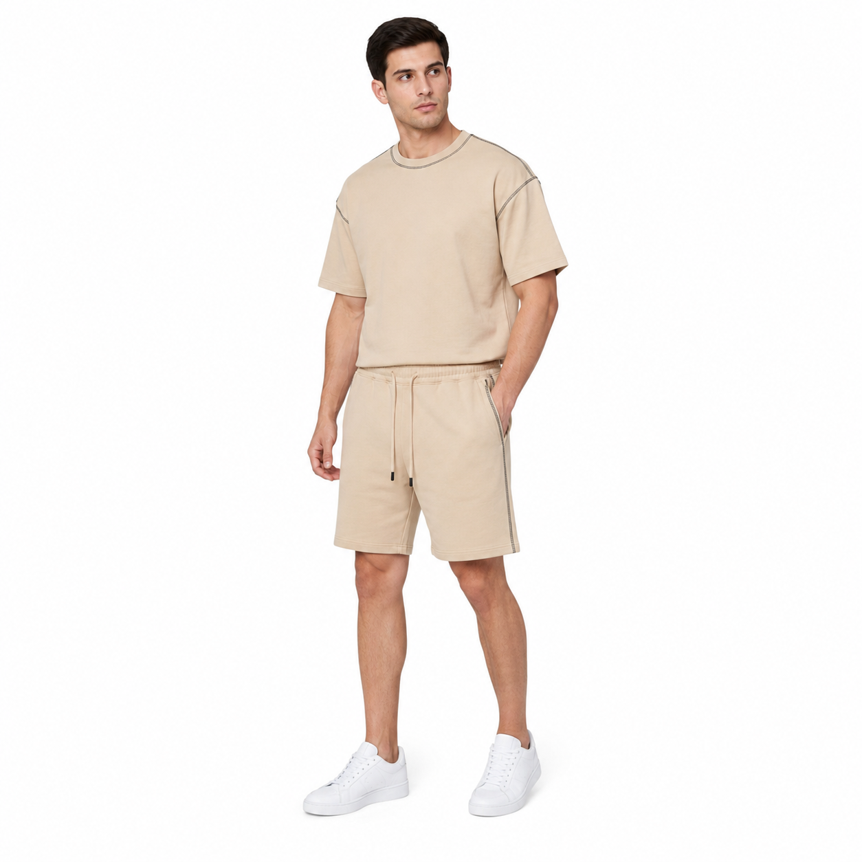 WEELZ Contrast-Stitch Cotton T-Shirt & Shorts Set — Beige, styled look 1