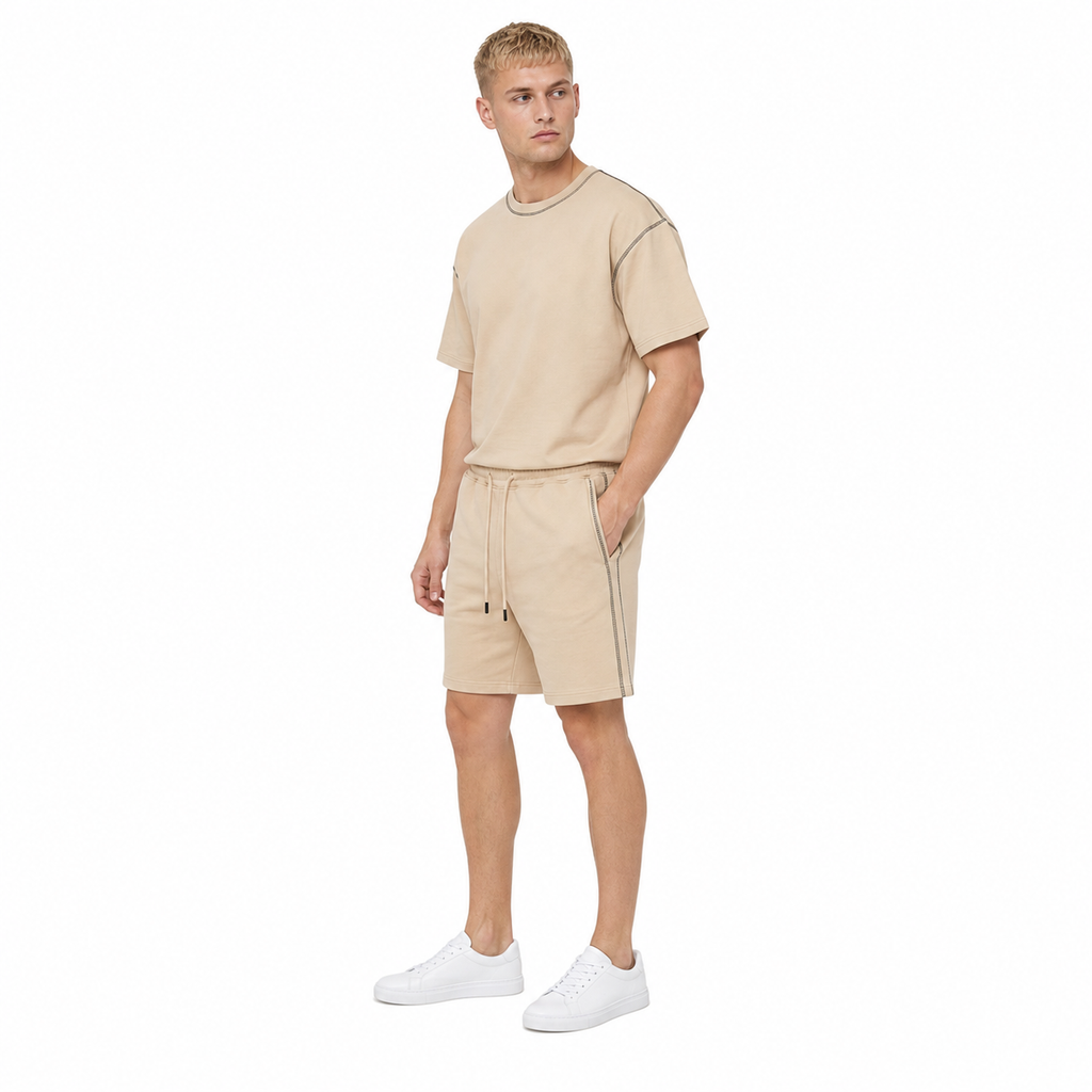 WEELZ Contrast-Stitch Cotton T-Shirt & Shorts Set — Beige, styled look 2