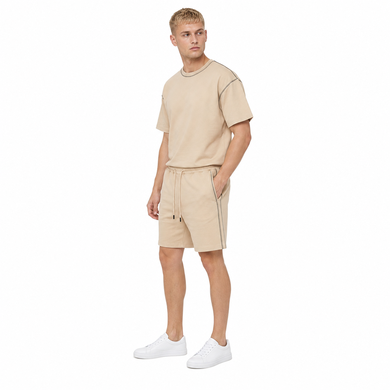 WEELZ Contrast-Stitch Cotton T-Shirt & Shorts Set — Beige, styled look 2