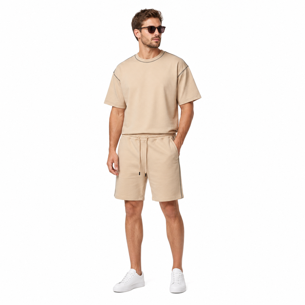 WEELZ Contrast-Stitch Cotton T-Shirt & Shorts Set — Beige, styled look 3