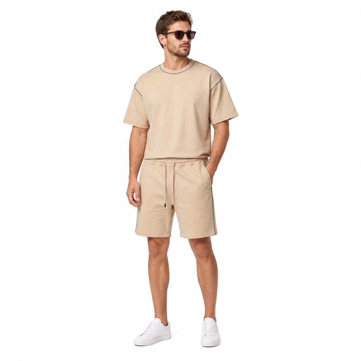 WEELZ Contrast-Stitch Cotton T-Shirt & Shorts Set — Beige, styled look 3