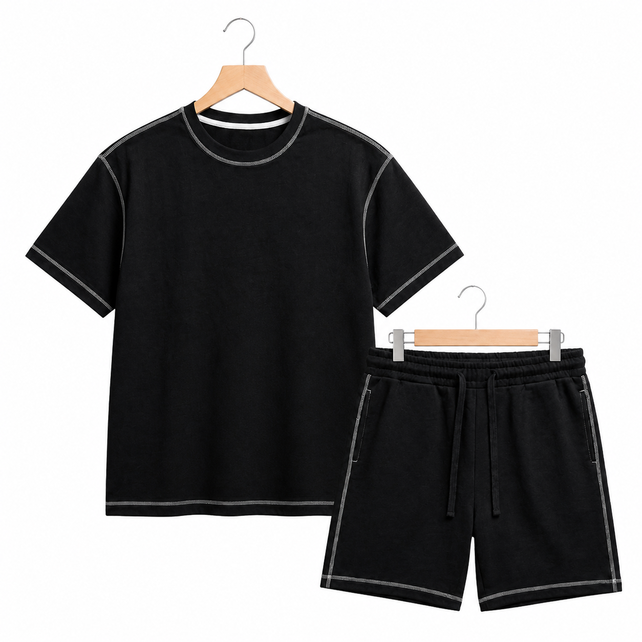 WEELZ Contrast-Stitch Cotton T-Shirt & Shorts Set — Black, hanger front