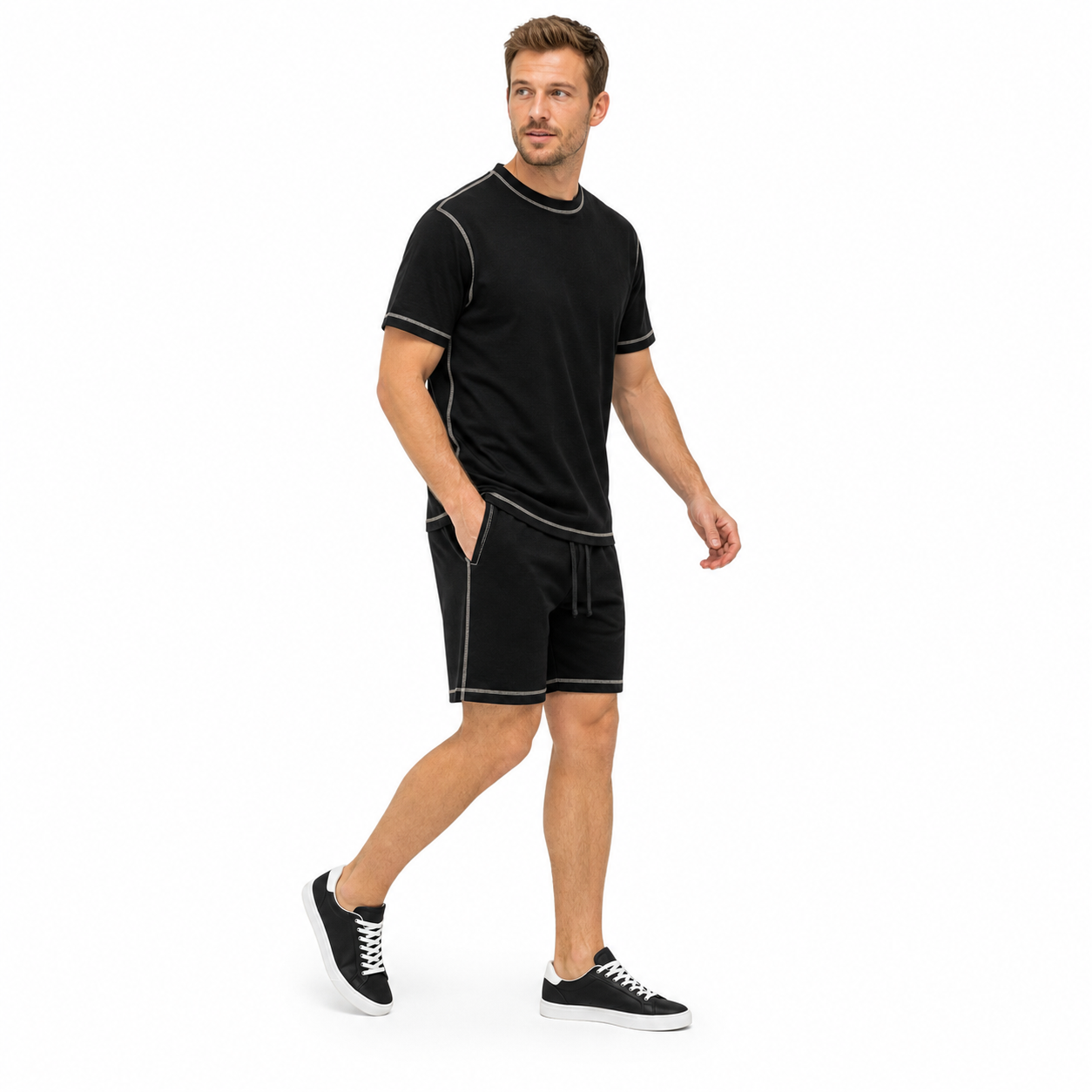 WEELZ Contrast-Stitch Cotton T-Shirt & Shorts Set — Black, styled look 2