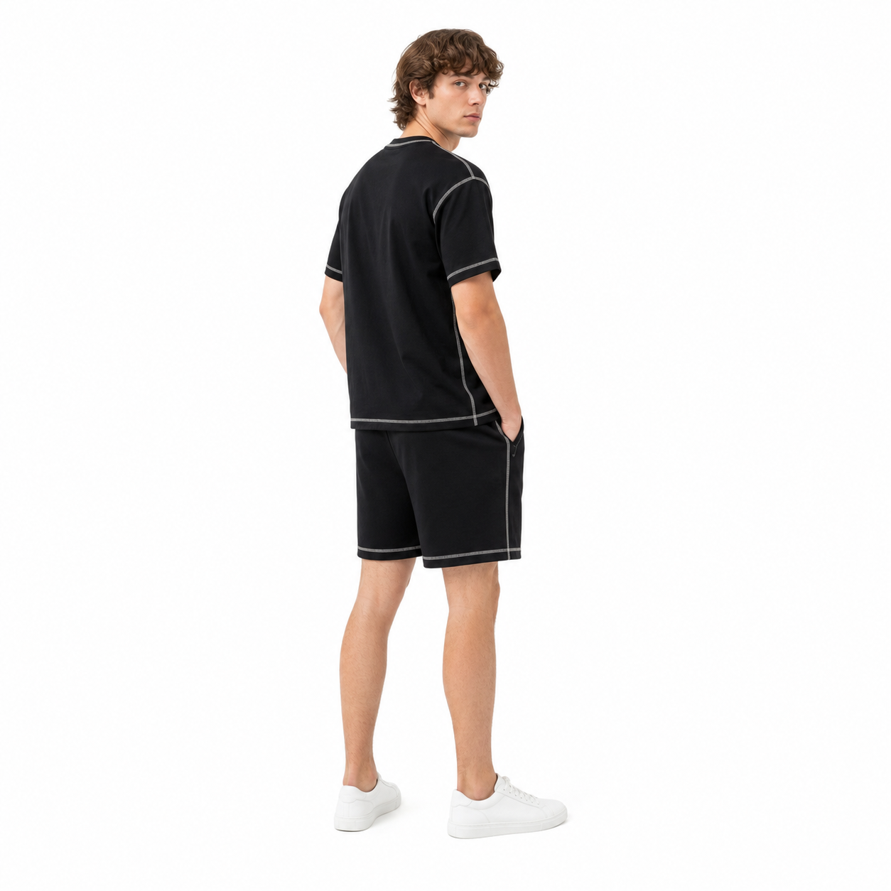 WEELZ Contrast-Stitch Cotton T-Shirt & Shorts Set — Black, styled look 3