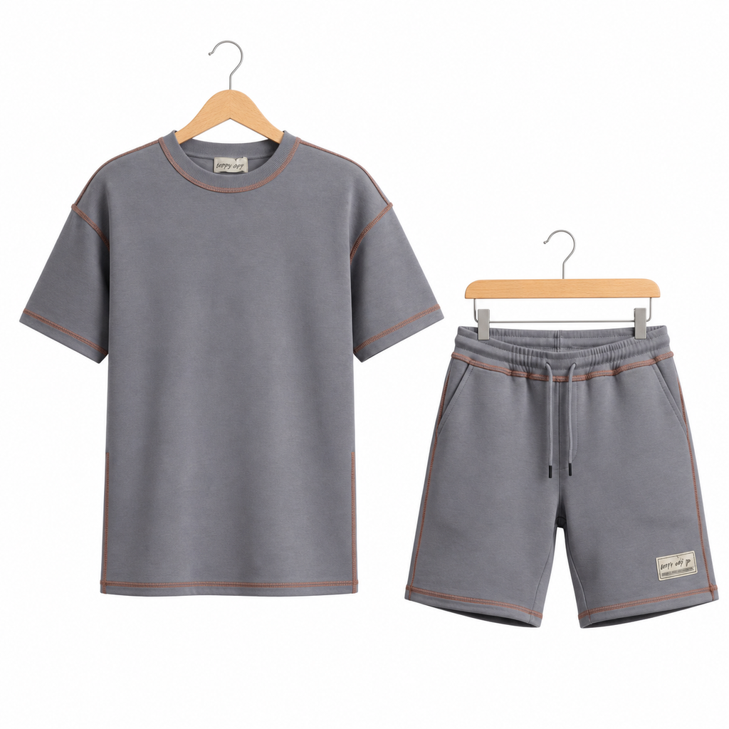 WEELZ Contrast-Stitch Cotton T-Shirt & Shorts Set — Grey, hanger front