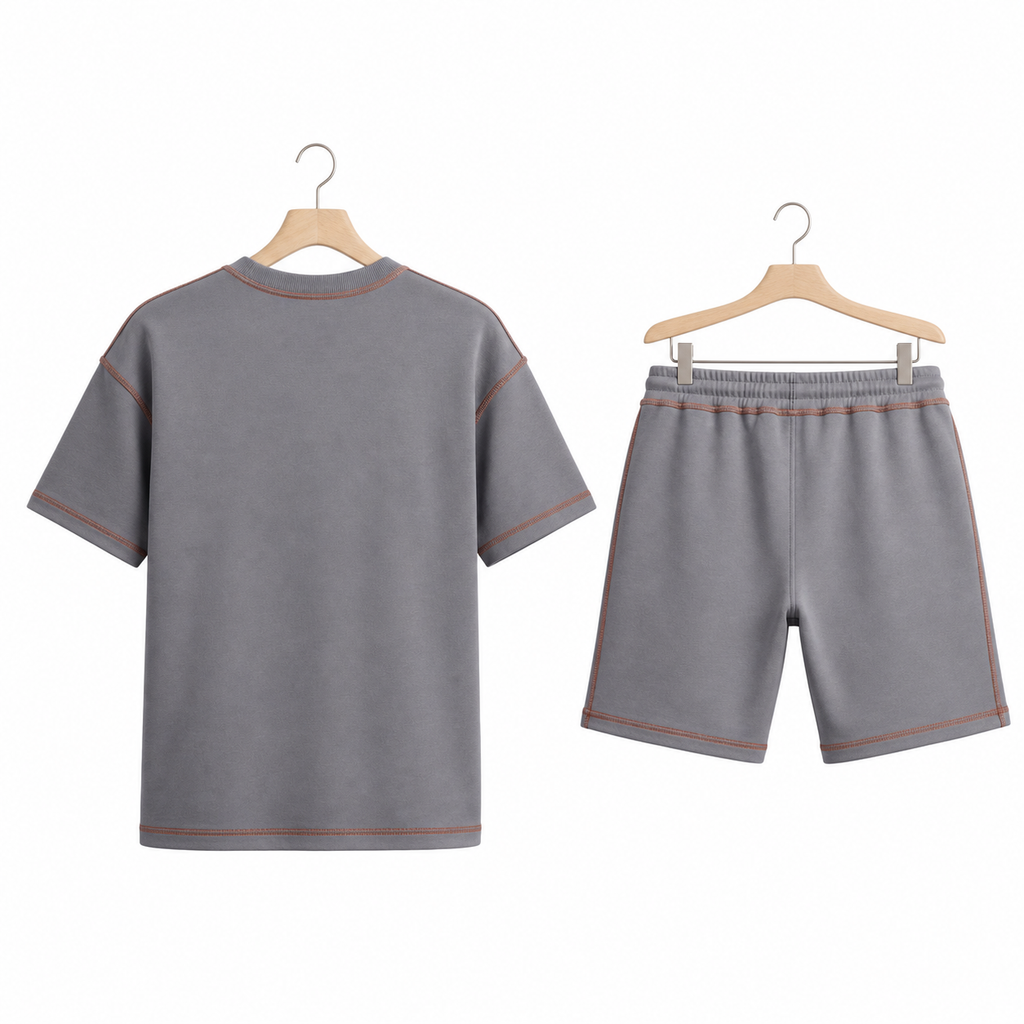 WEELZ Contrast-Stitch Cotton T-Shirt & Shorts Set — Grey, hanger back
