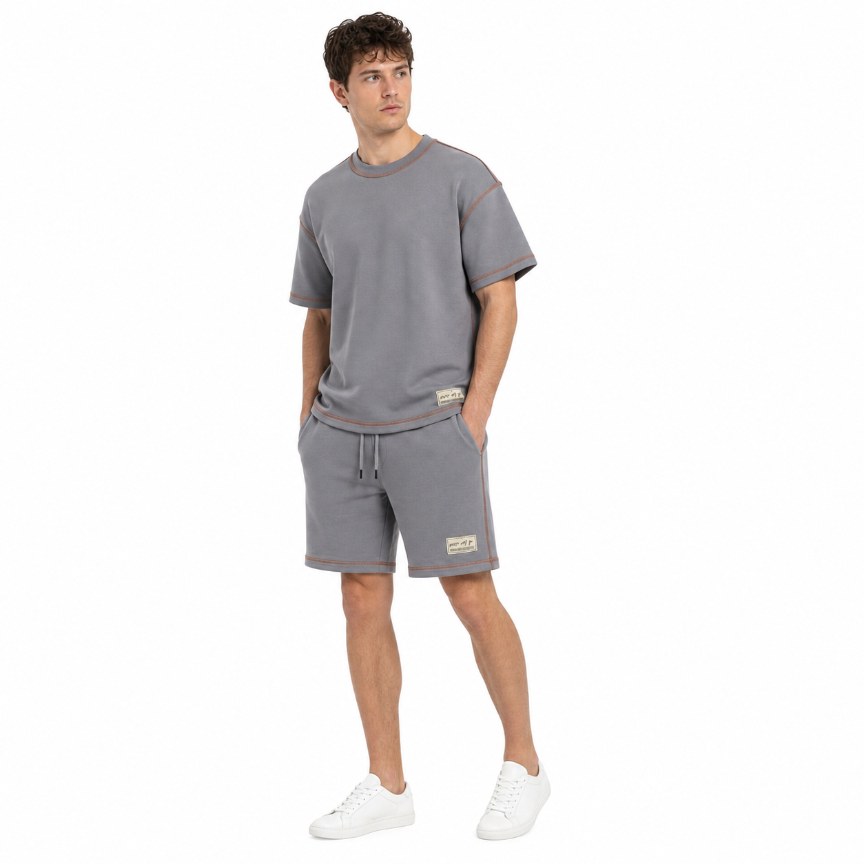 WEELZ Contrast-Stitch Cotton T-Shirt & Shorts Set — Grey, styled look 1