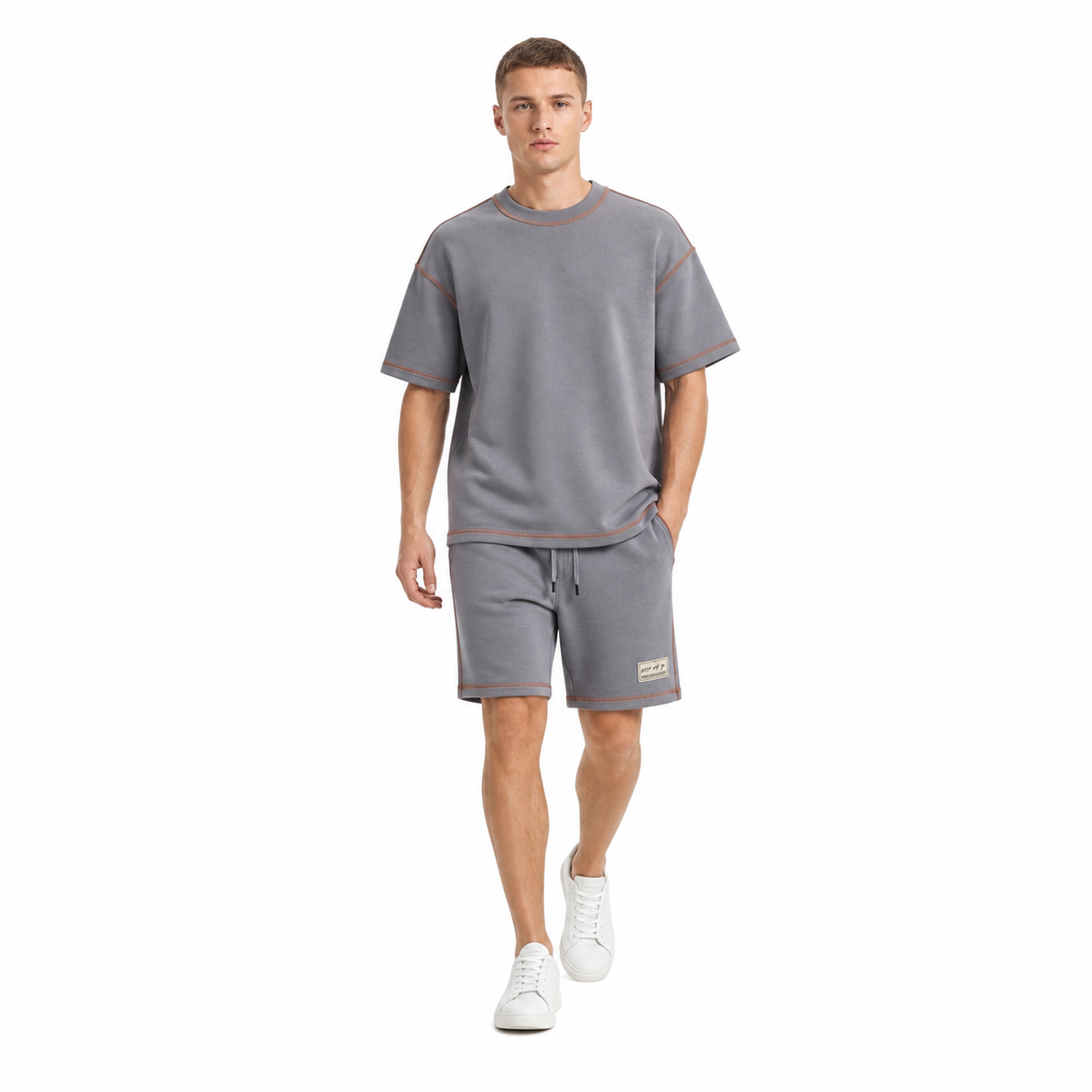 WEELZ Contrast-Stitch Cotton T-Shirt & Shorts Set — Grey, styled look 2