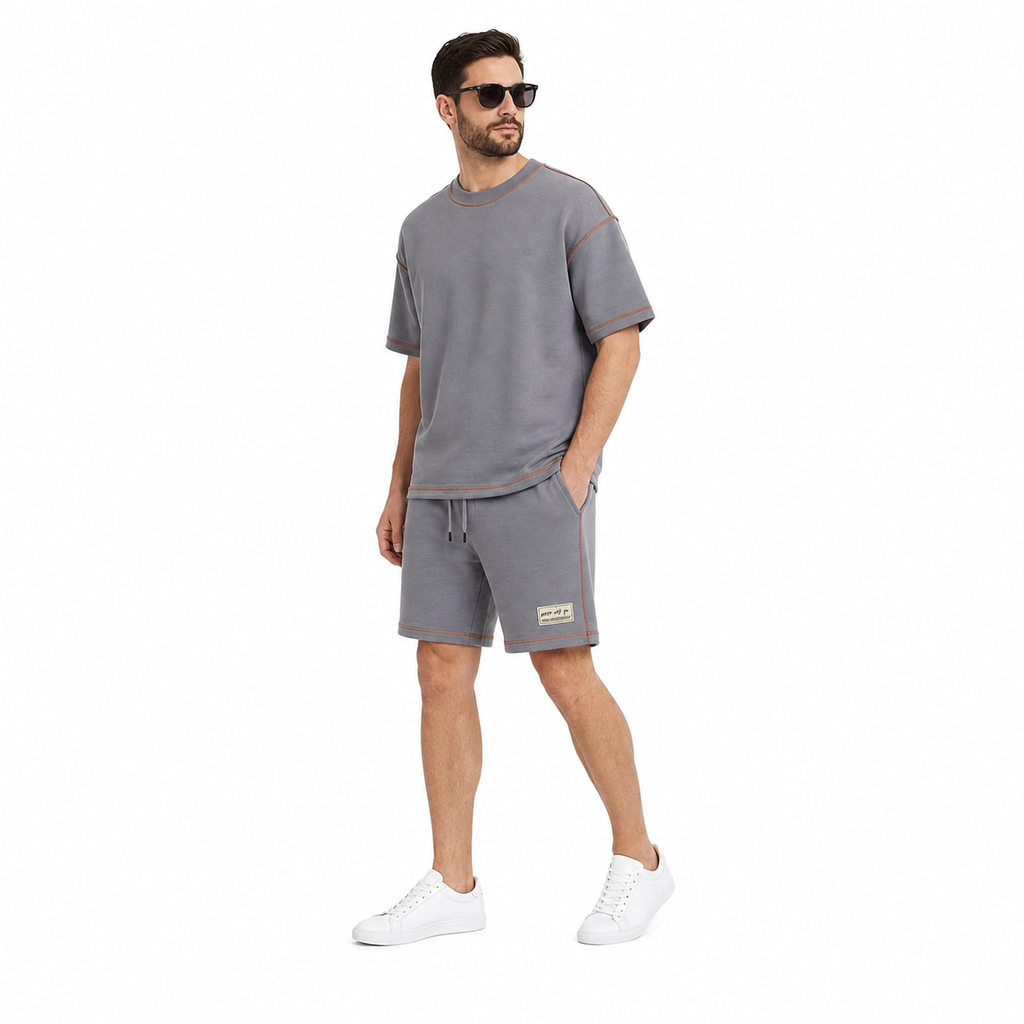 WEELZ Contrast-Stitch Cotton T-Shirt & Shorts Set — Grey, styled look 3