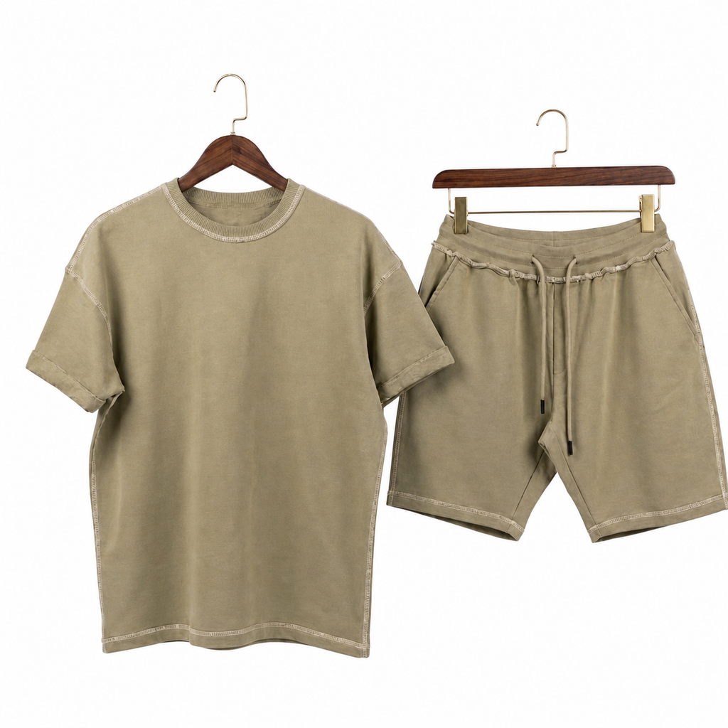 WEELZ Contrast-Stitch Cotton T-Shirt & Shorts Set — Olive, hanger front