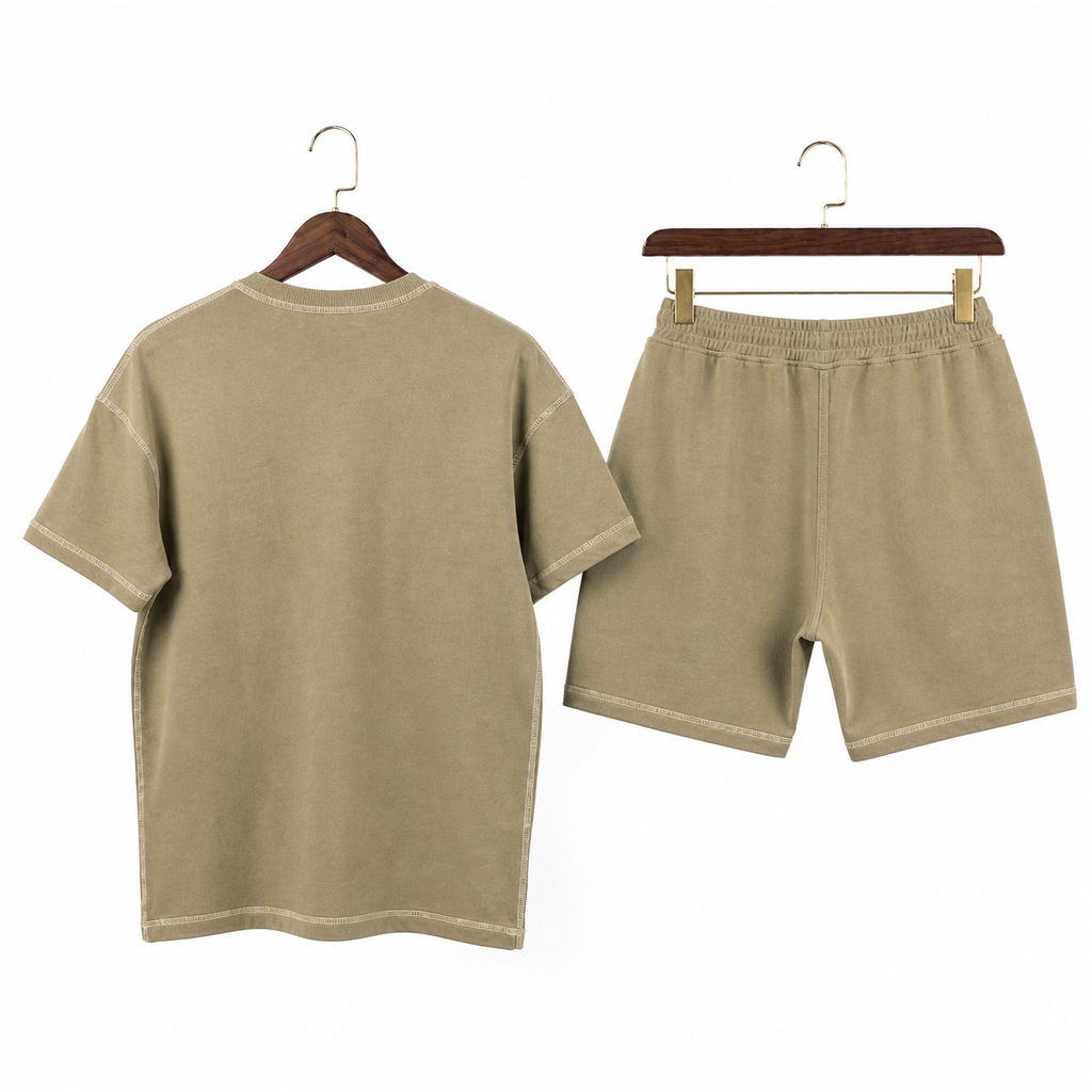 WEELZ Contrast-Stitch Cotton T-Shirt & Shorts Set — Olive, hanger back