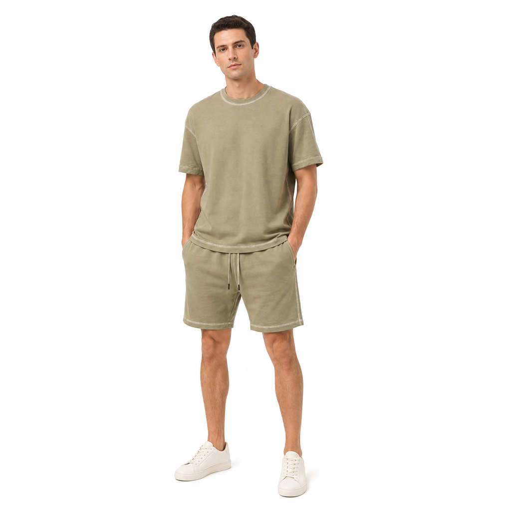 WEELZ Contrast-Stitch Cotton T-Shirt & Shorts Set — Olive, styled look 1