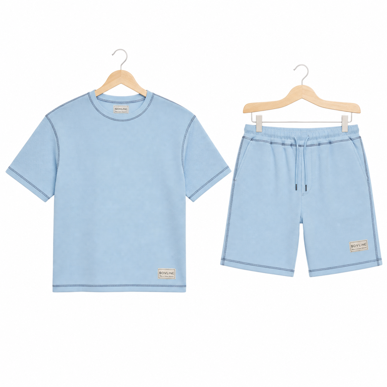 WEELZ Contrast-Stitch Cotton T-Shirt & Shorts Set — Sky Blue, hanger front