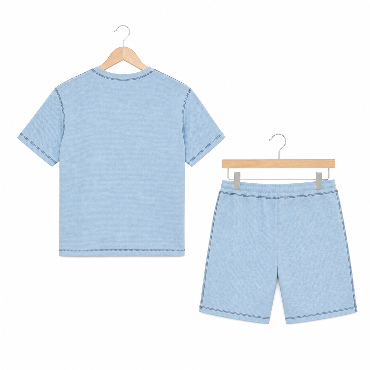 WEELZ Contrast-Stitch Cotton T-Shirt & Shorts Set — Sky Blue, hanger back