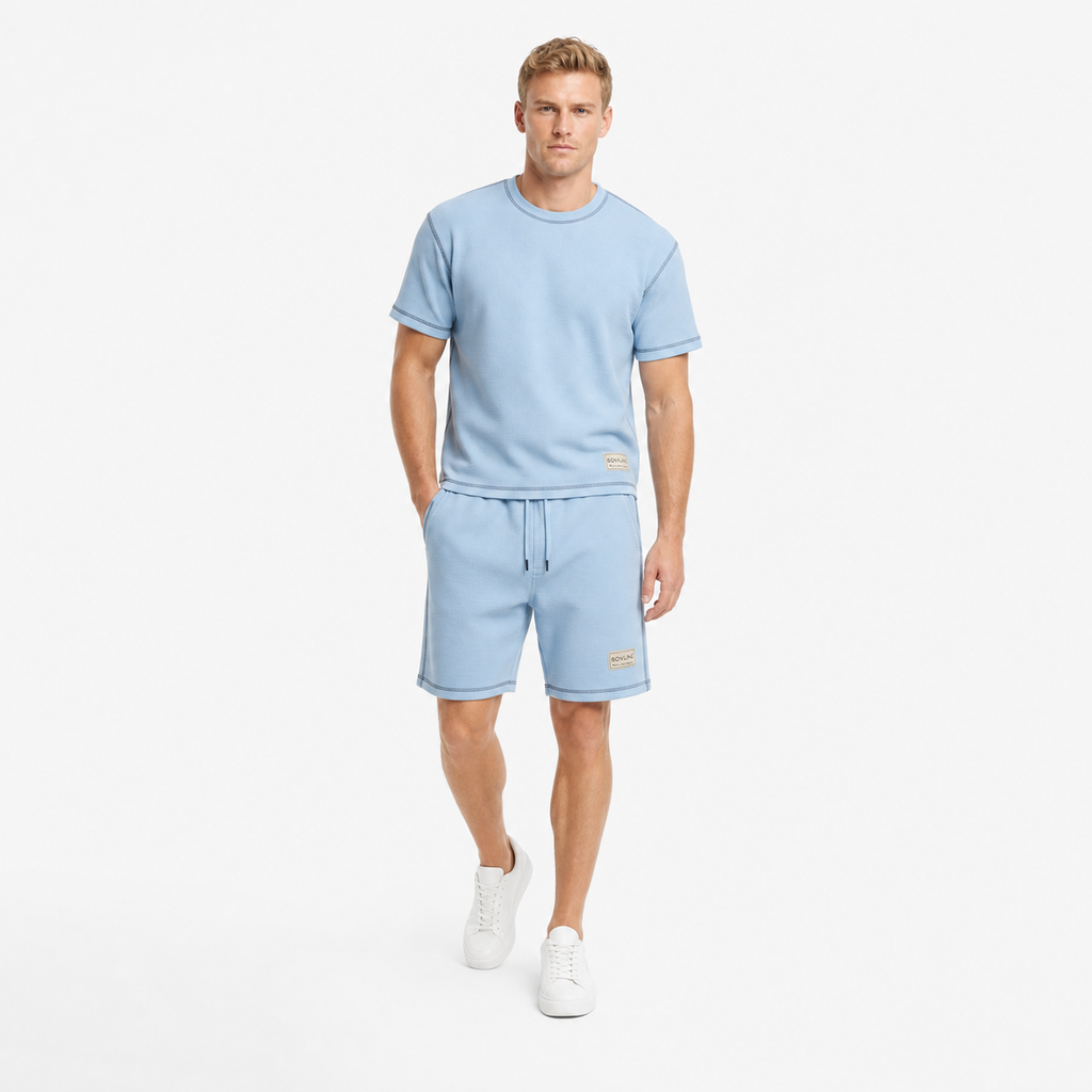 WEELZ Contrast-Stitch Cotton T-Shirt & Shorts Set — Sky Blue, styled look 2
