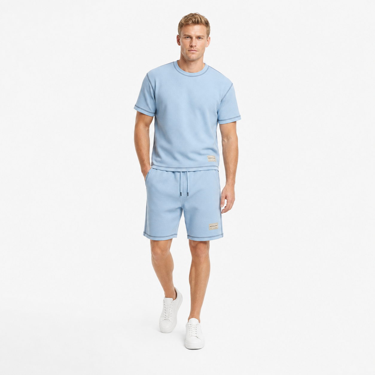 WEELZ Contrast-Stitch Cotton T-Shirt & Shorts Set — Sky Blue, styled look 2