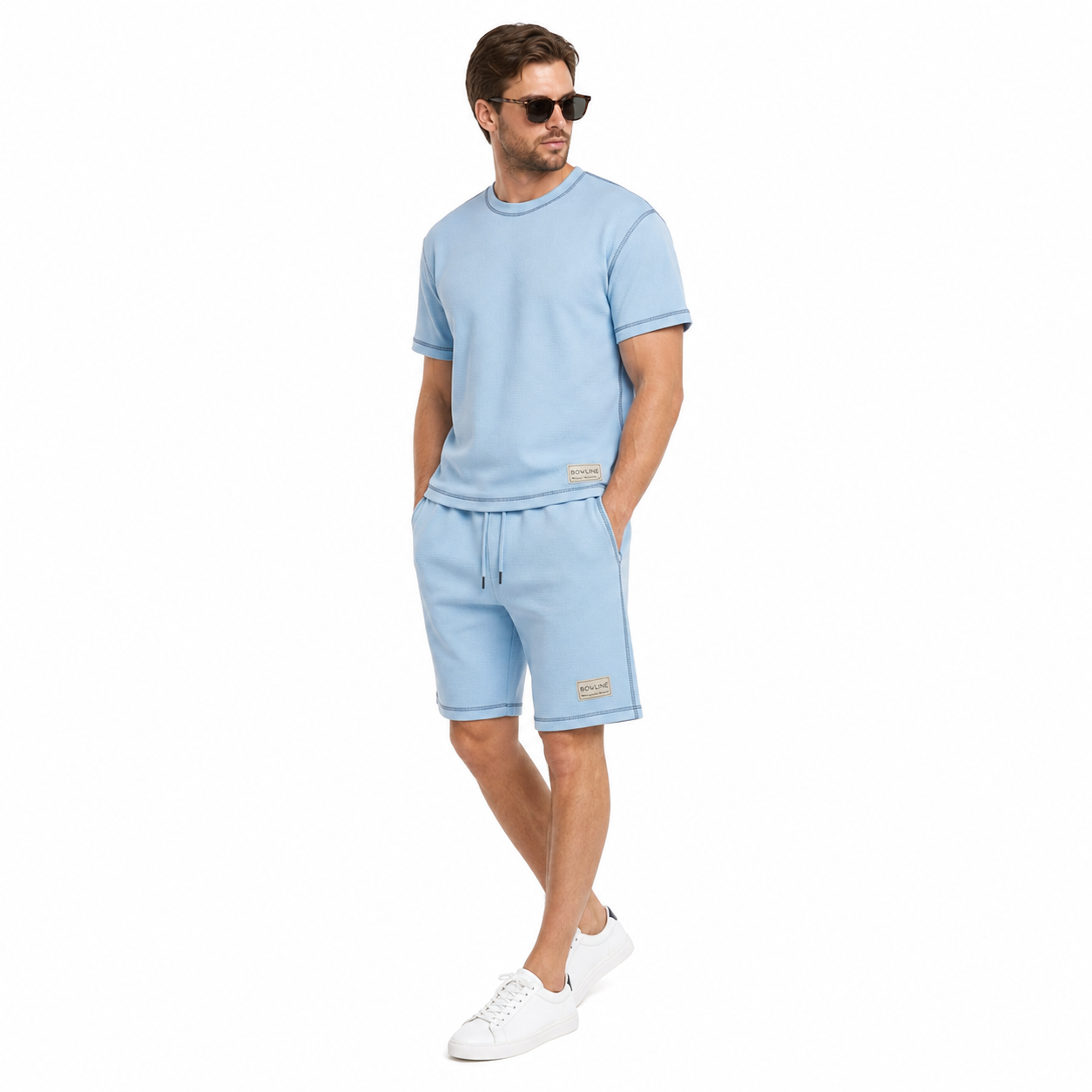 WEELZ Contrast-Stitch Cotton T-Shirt & Shorts Set — Sky Blue, styled look 3