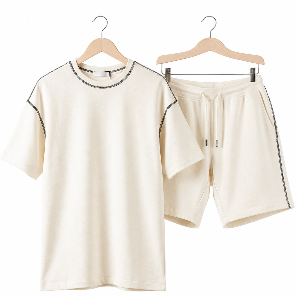 WEELZ Contrast-Stitch Cotton T-Shirt & Shorts Set — White, hanger front
