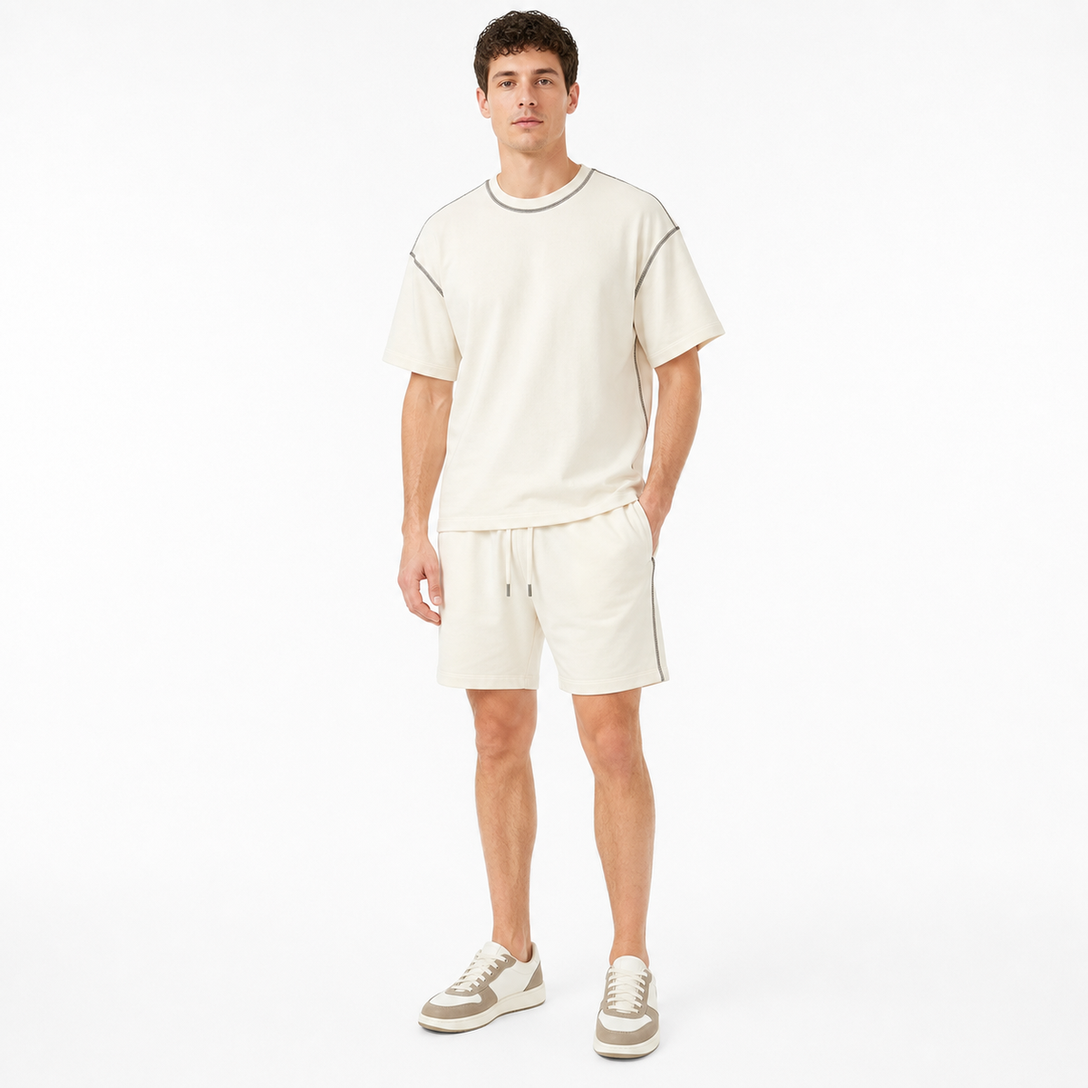 WEELZ Contrast-Stitch Cotton T-Shirt & Shorts Set — White, styled look 1