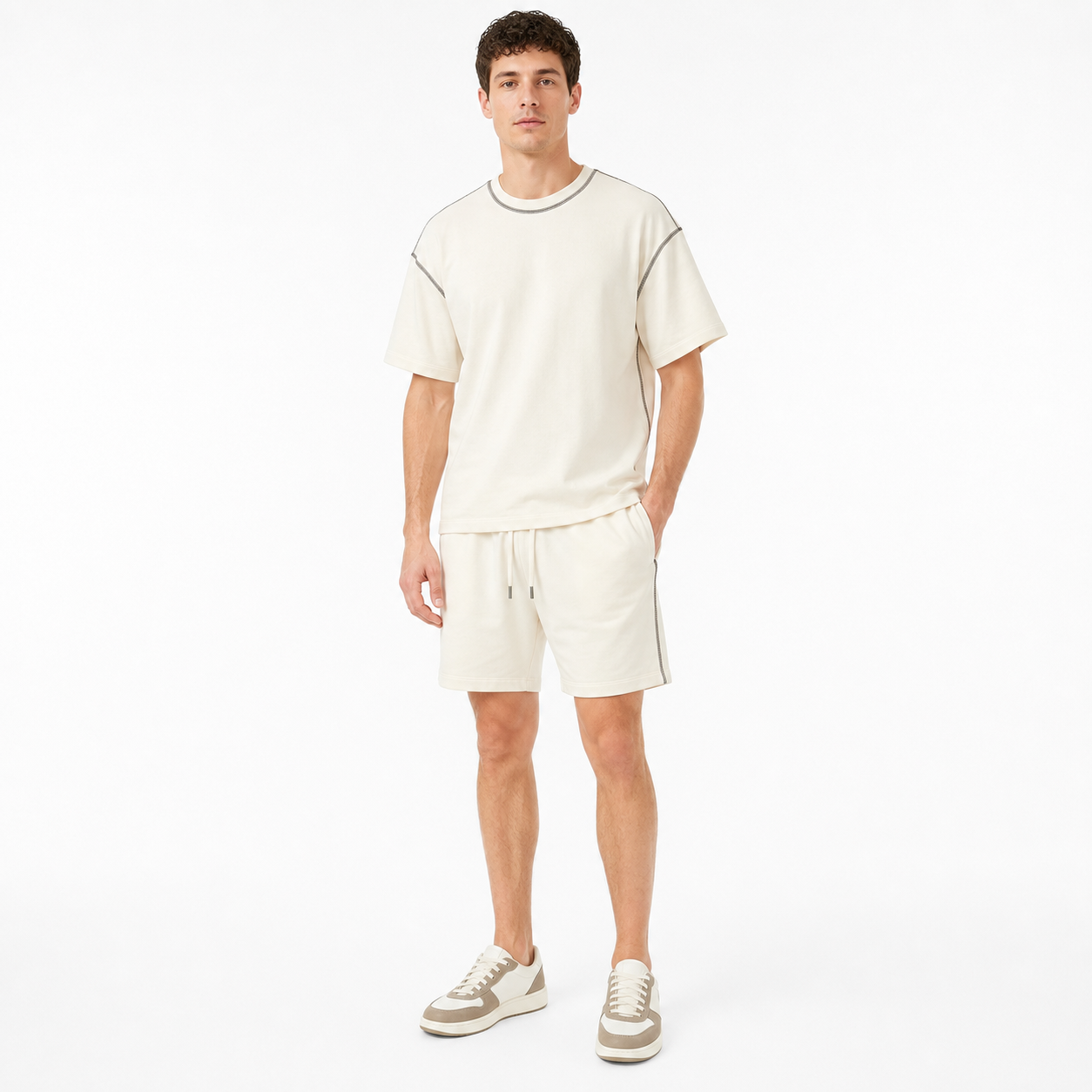 WEELZ Contrast-Stitch Cotton T-Shirt & Shorts Set — White, styled look 1