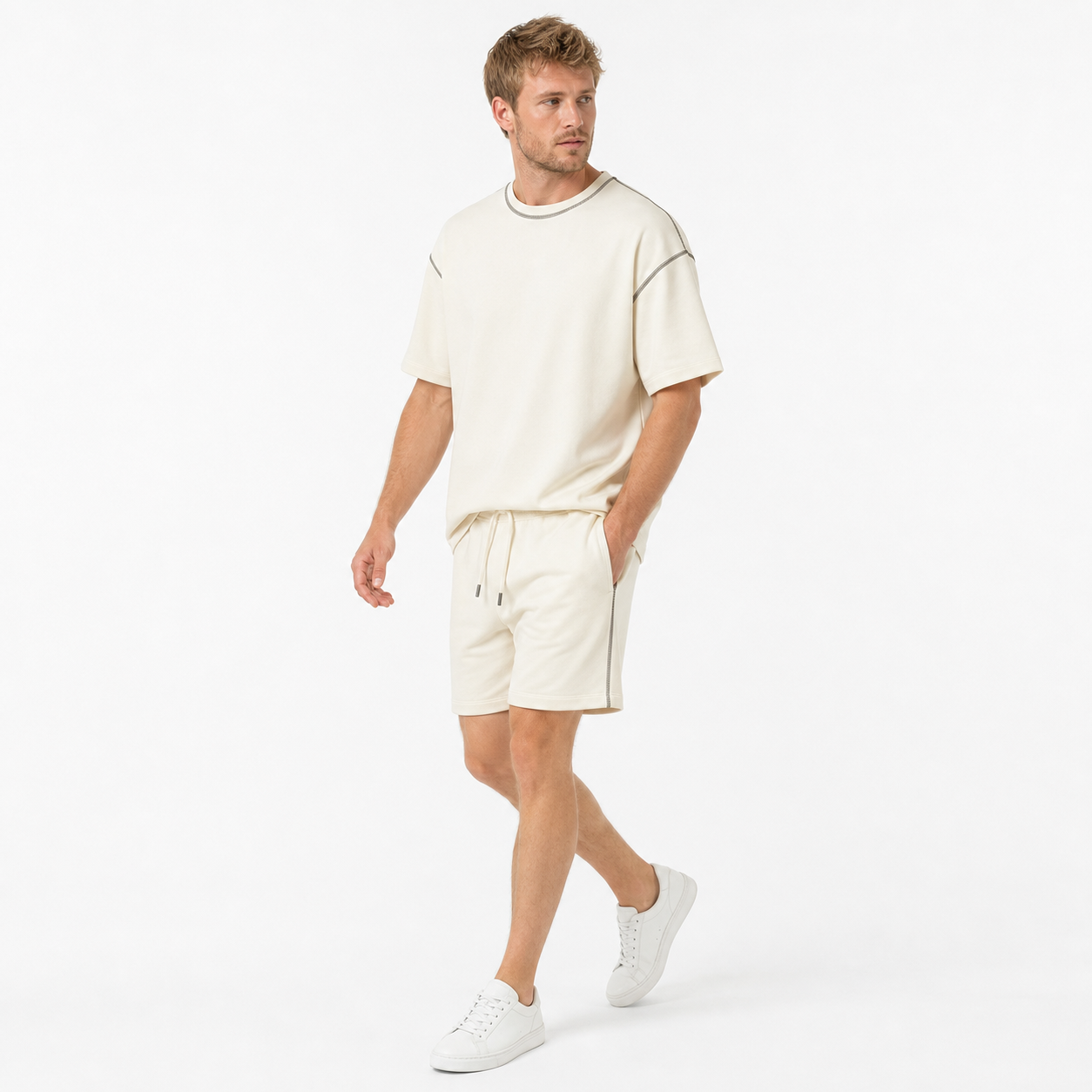 WEELZ Contrast-Stitch Cotton T-Shirt & Shorts Set — White, styled look 2