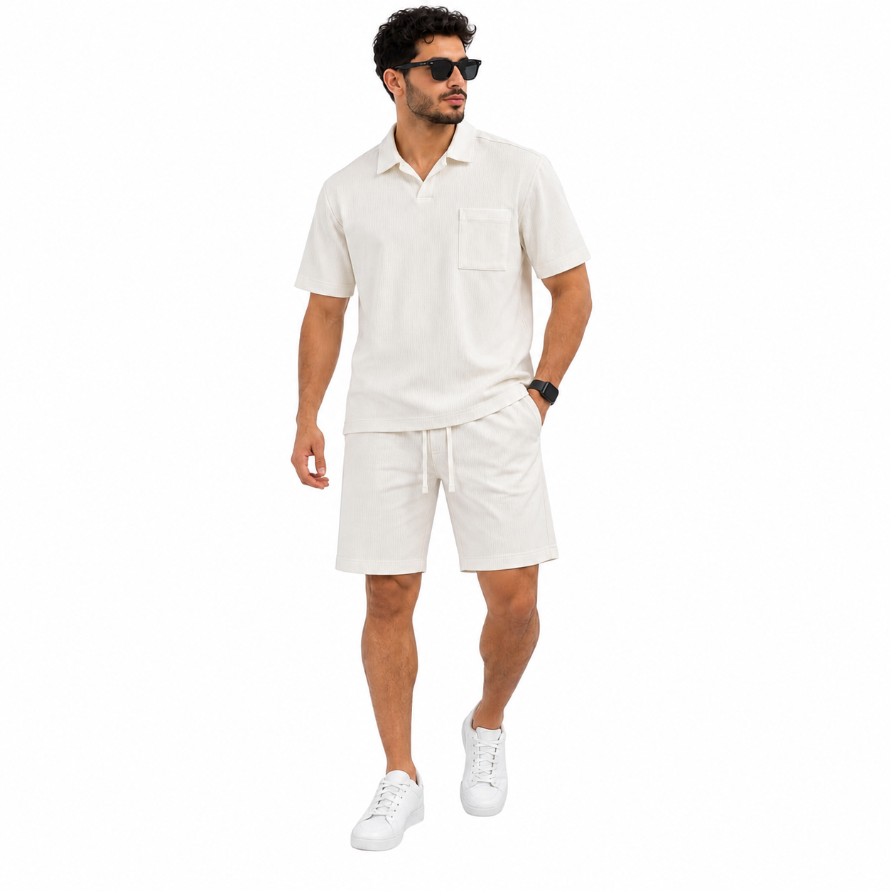 WEELZ Pocket-Collar Cotton T-Shirt & Shorts Set - White - view 1
