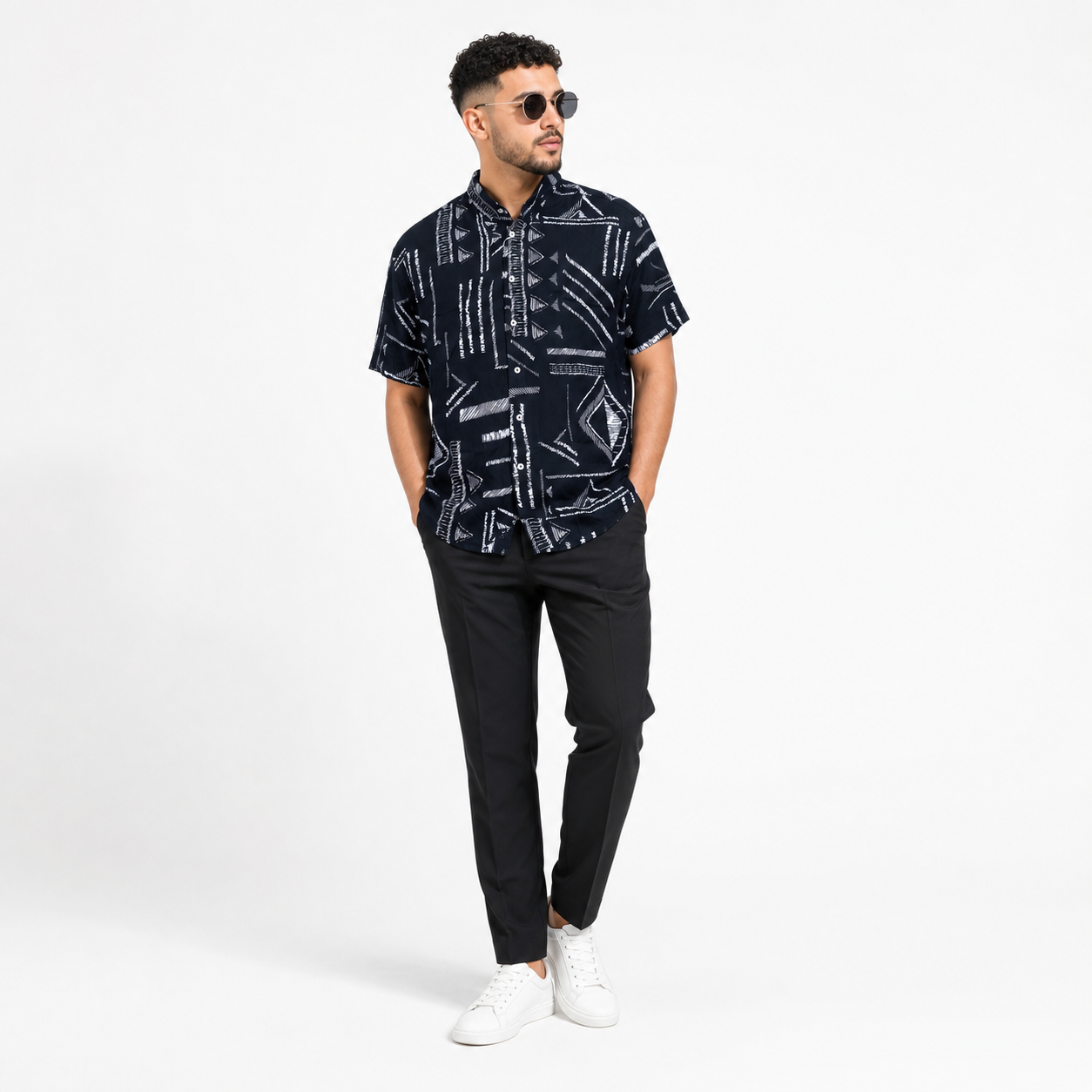 WEELZ Printed Hawaii Short-Sleeve Shirt — Black Graphic styled model view