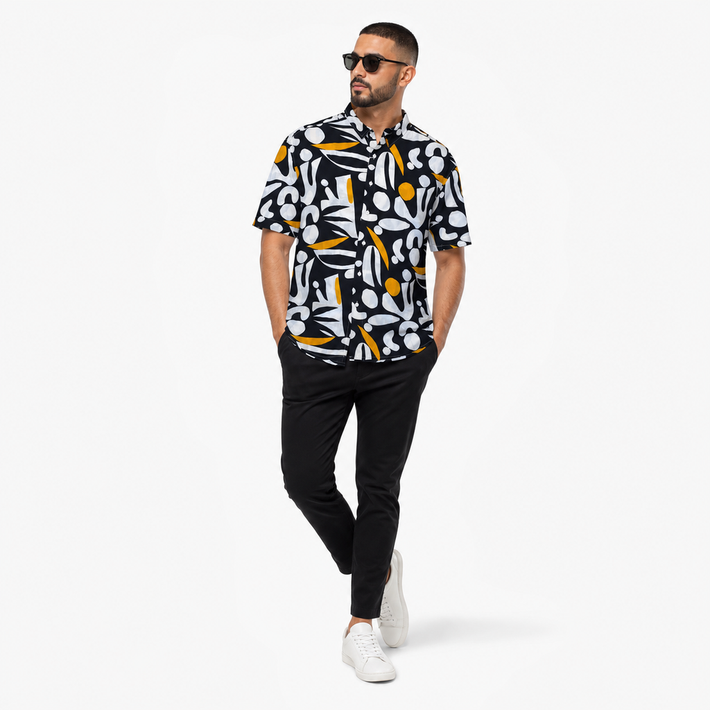 WEELZ Printed Hawaii Short-Sleeve Shirt — Black & White Floral styled model view