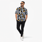 WEELZ Printed Hawaii Short-Sleeve Shirt — Black & White Floral styled model view