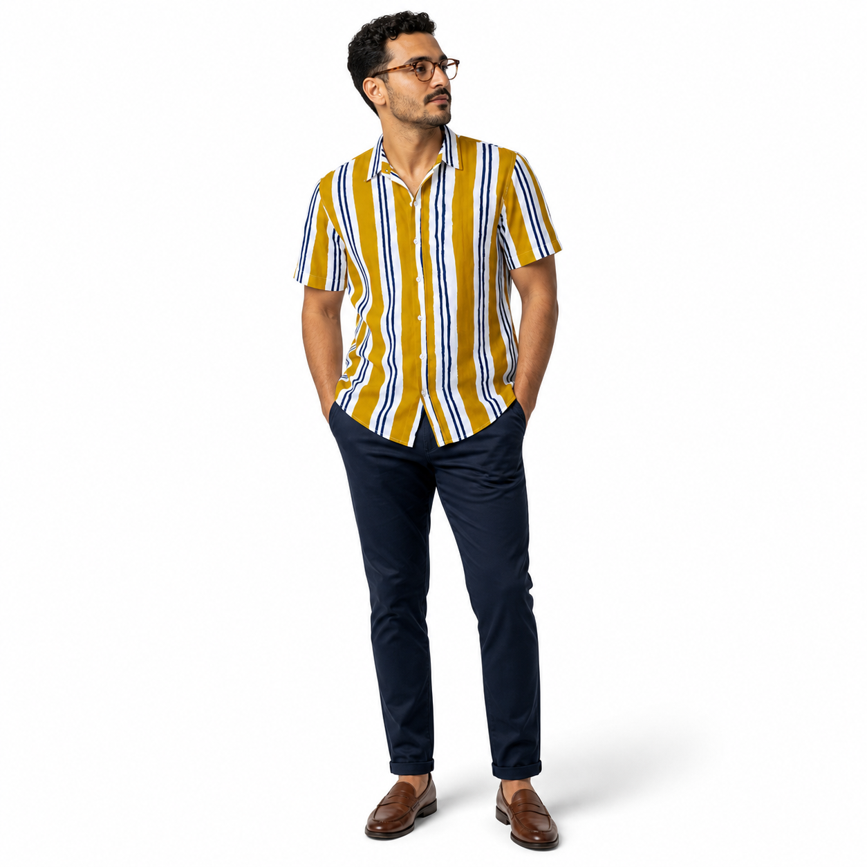 WEELZ Printed Hawaii Short-Sleeve Shirt — Mustard Stripe styled model view