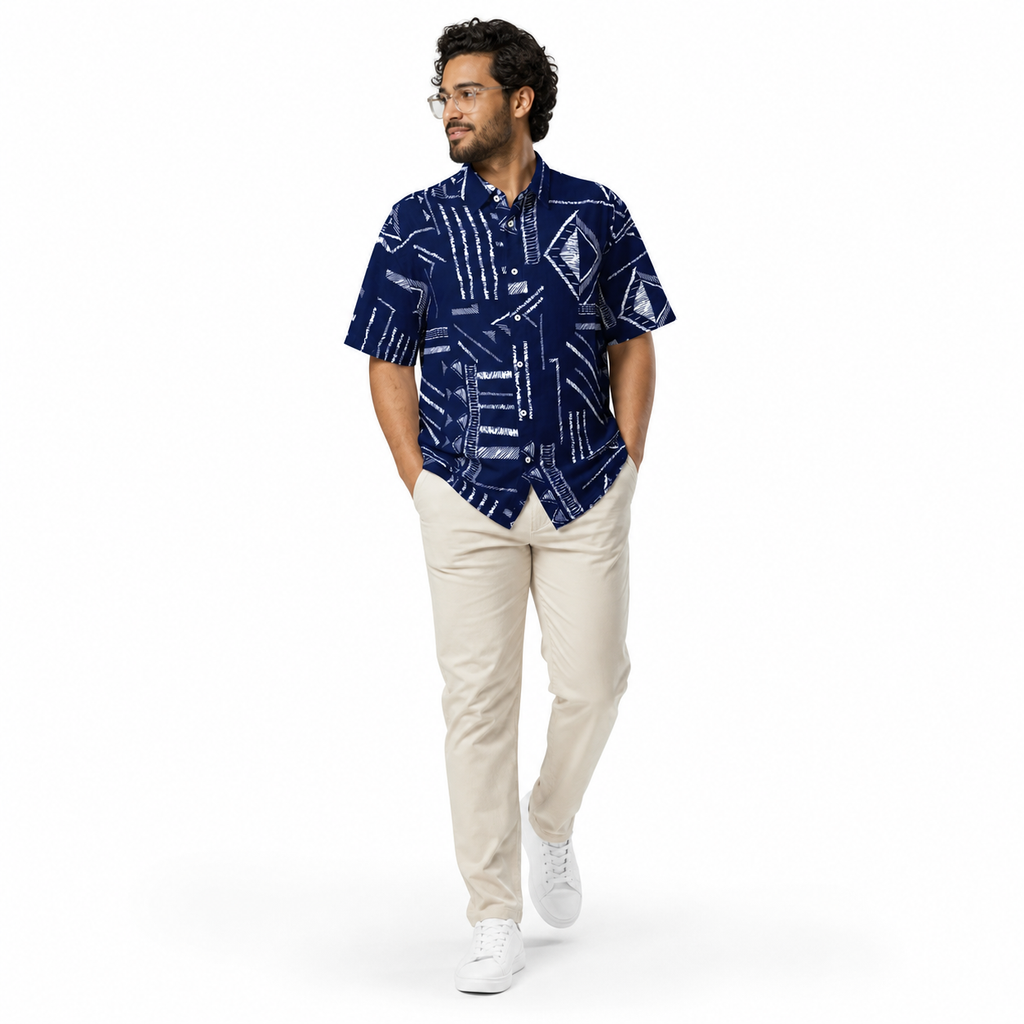 WEELZ Printed Hawaii Short-Sleeve Shirt — Navy Abstract styled model view