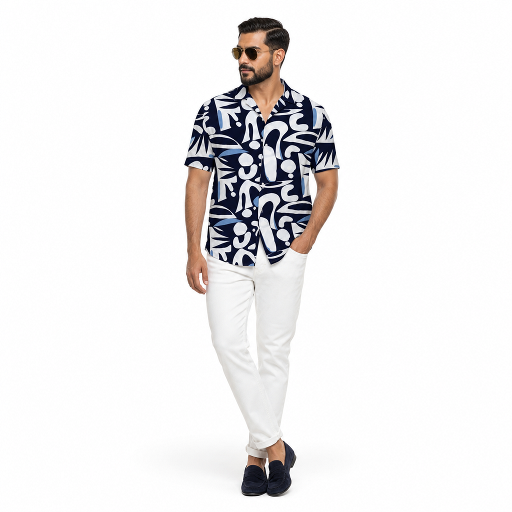 WEELZ Printed Hawaii Short-Sleeve Shirt — Navy & Sky Blue styled model view