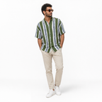 WEELZ Printed Hawaii Short-Sleeve Shirt — Olive & White Stripe styled model view