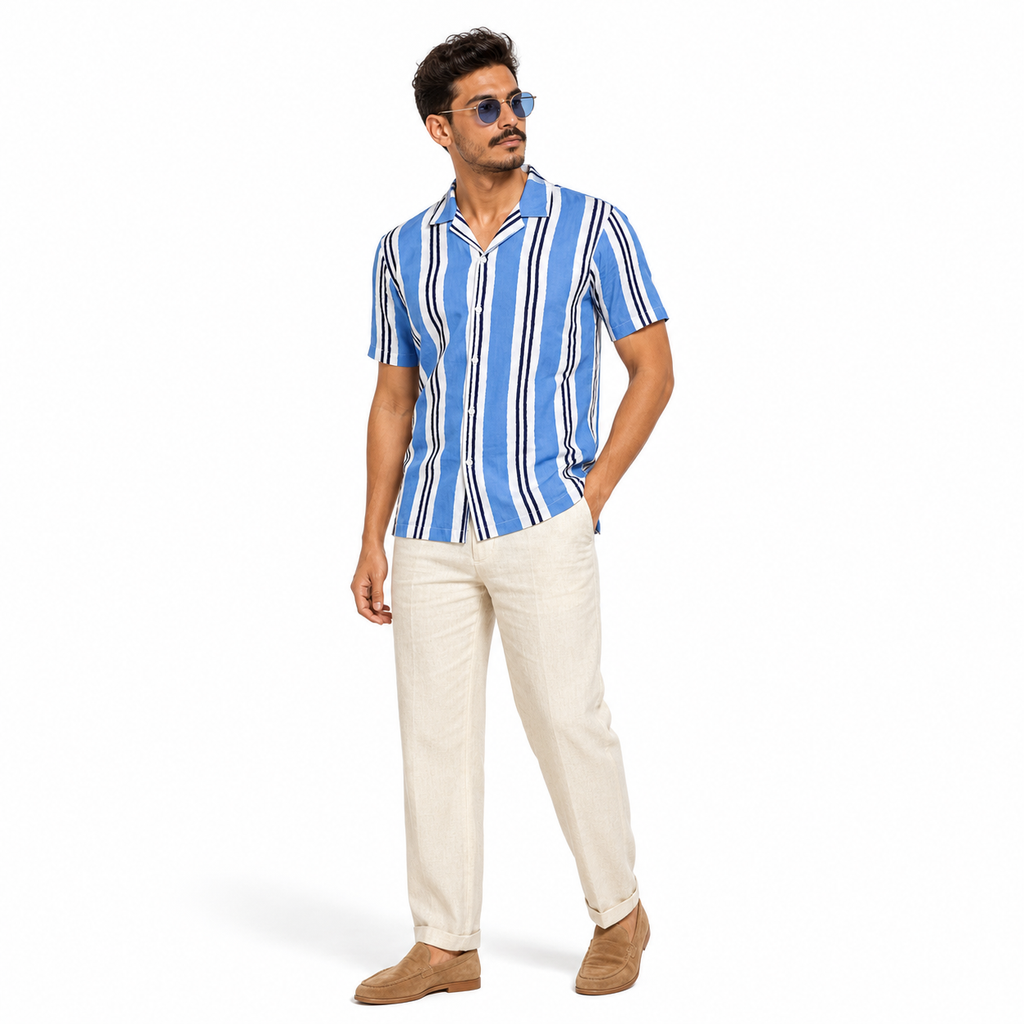 WEELZ Printed Hawaii Short-Sleeve Shirt — Sky Blue Stripe styled model view