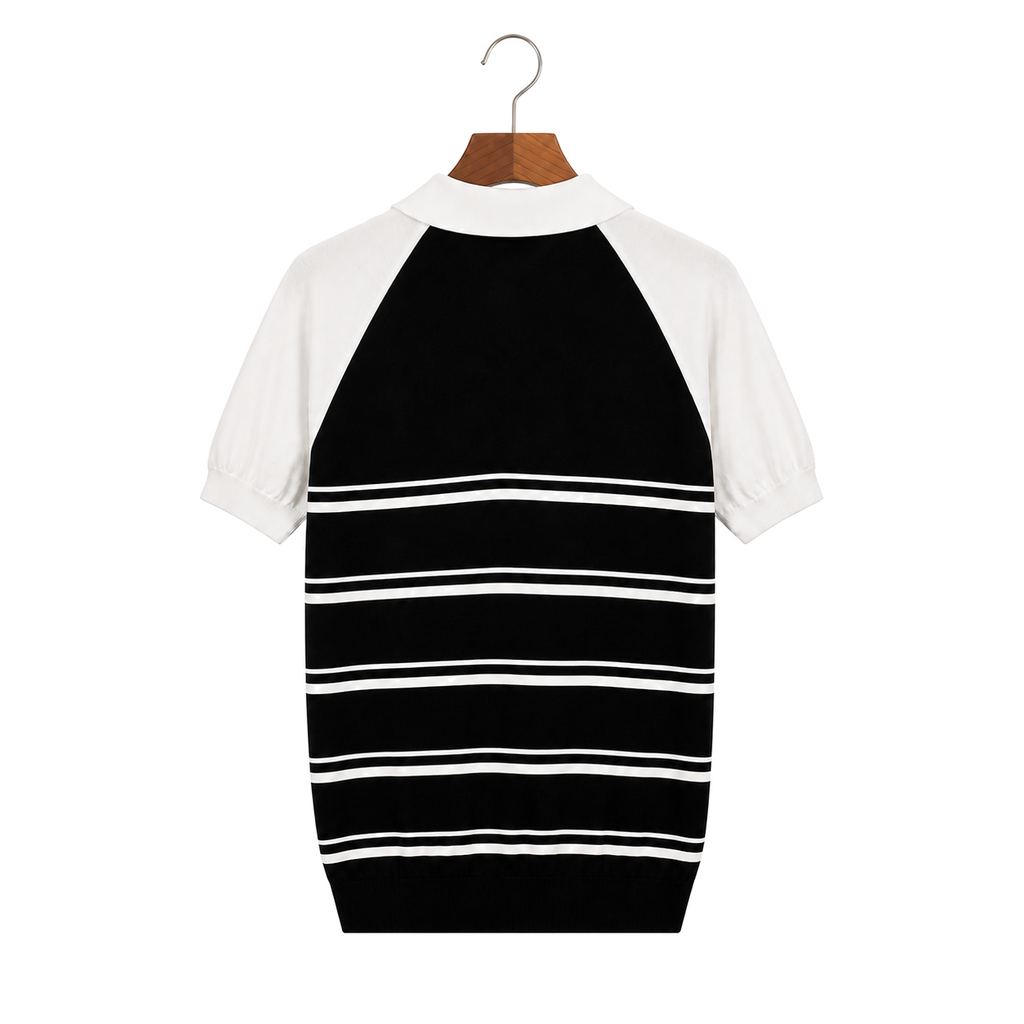 WEELZ black and white raglan stripe zip knit polo, rear hanging view on pure white background