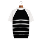 WEELZ black and white raglan stripe zip knit polo, rear hanging view on pure white background