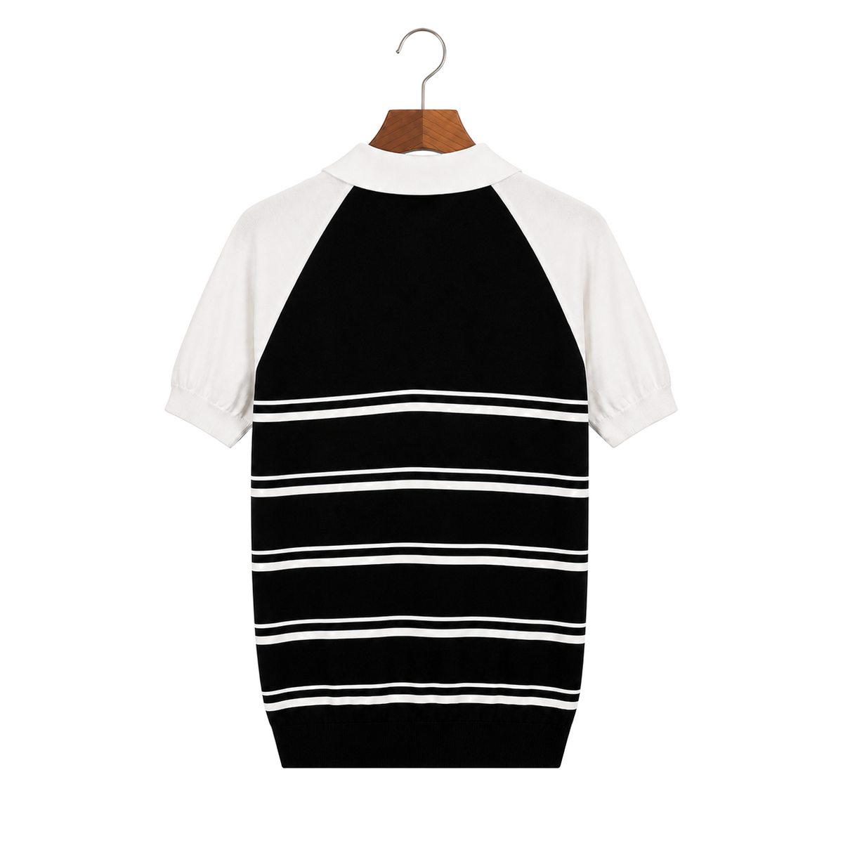 WEELZ black and white raglan stripe zip knit polo, rear hanging view on pure white background