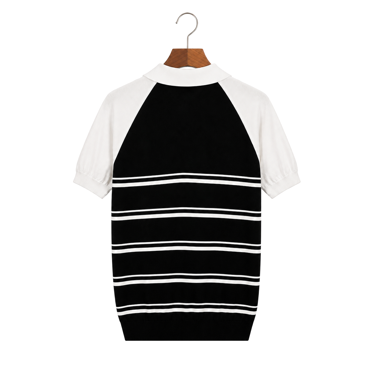 WEELZ black and white raglan stripe zip knit polo, rear hanging view on pure white background