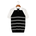 WEELZ black and white raglan stripe zip knit polo, front hanging view on pure white background