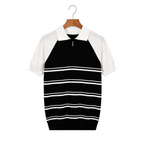WEELZ black and white raglan stripe zip knit polo, front hanging view on pure white background